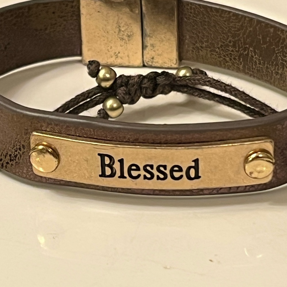 Gold and Brown Distressed Leather 'Blessed' and Cross Bracelets